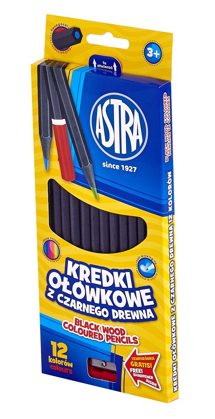 Creioane colorate 12 buc/set+ascutitoate lemn negru ASTRA Astra